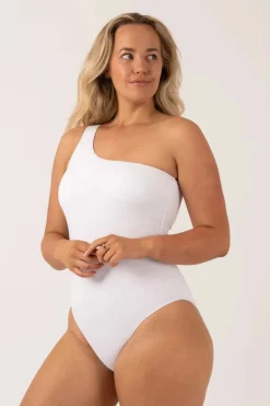 Textured One Shoulder One Piece - White