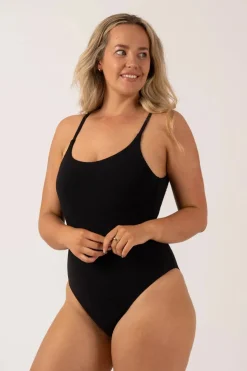 Textured Scoop Neck High Leg One Piece - Black