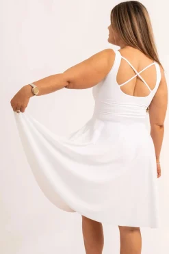 White Silky - Scoop Neck Comfort Crop Midi Dress W/ Pockets